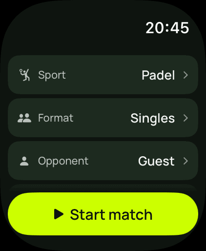 Apple Watch Ultra screen “Set up a match”: sport padel, format singles, opponent guest, and a “Start match” button.