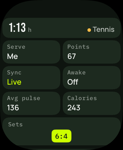 Apple Watch Ultra match cockpit: match time 1:13 h, tennis, serve, sync live, average heart rate 136, 243 calories.